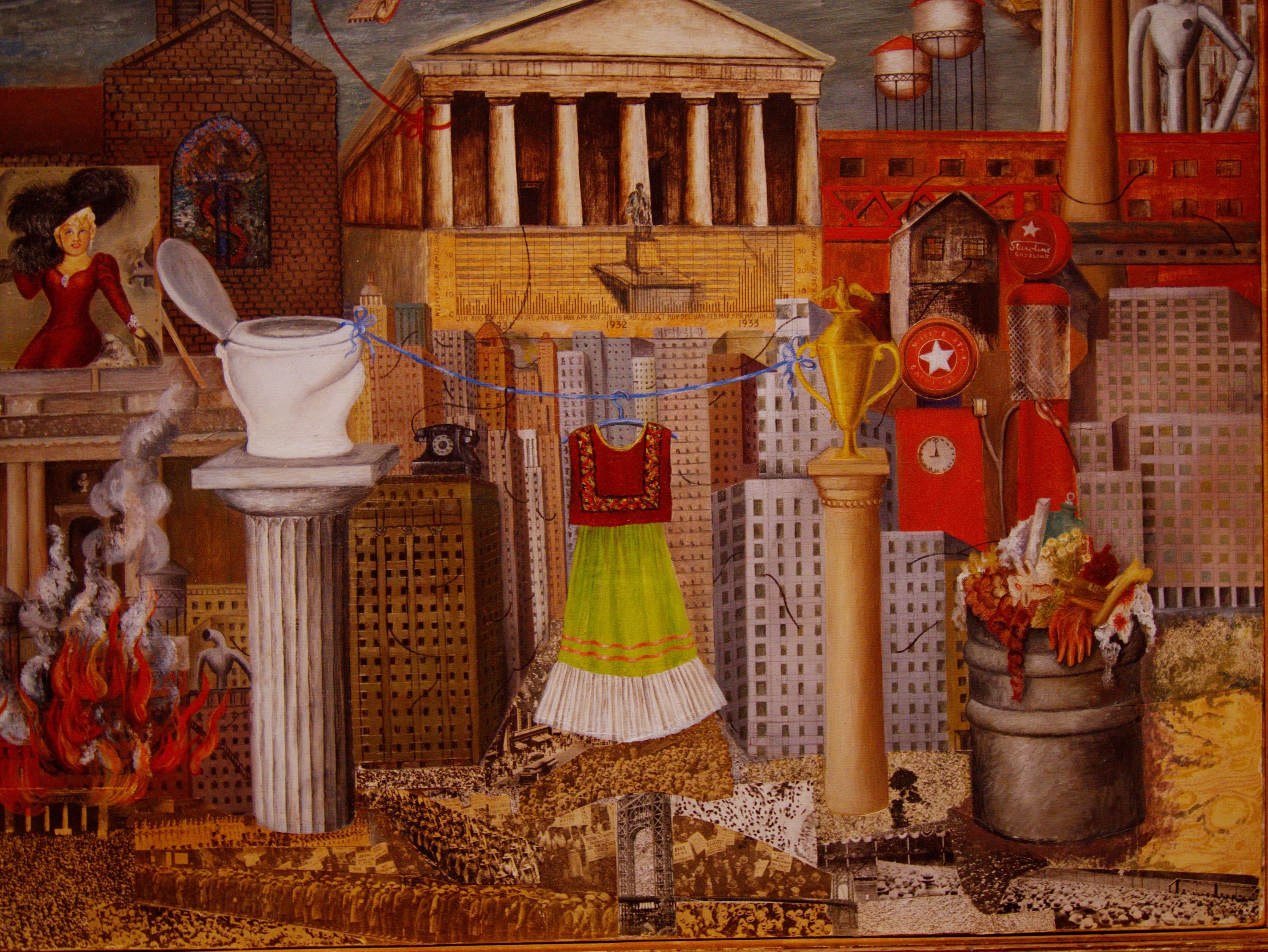 Where My Dress Hangs — a Tehuana dress on a clothesline above a collaged New York skyline