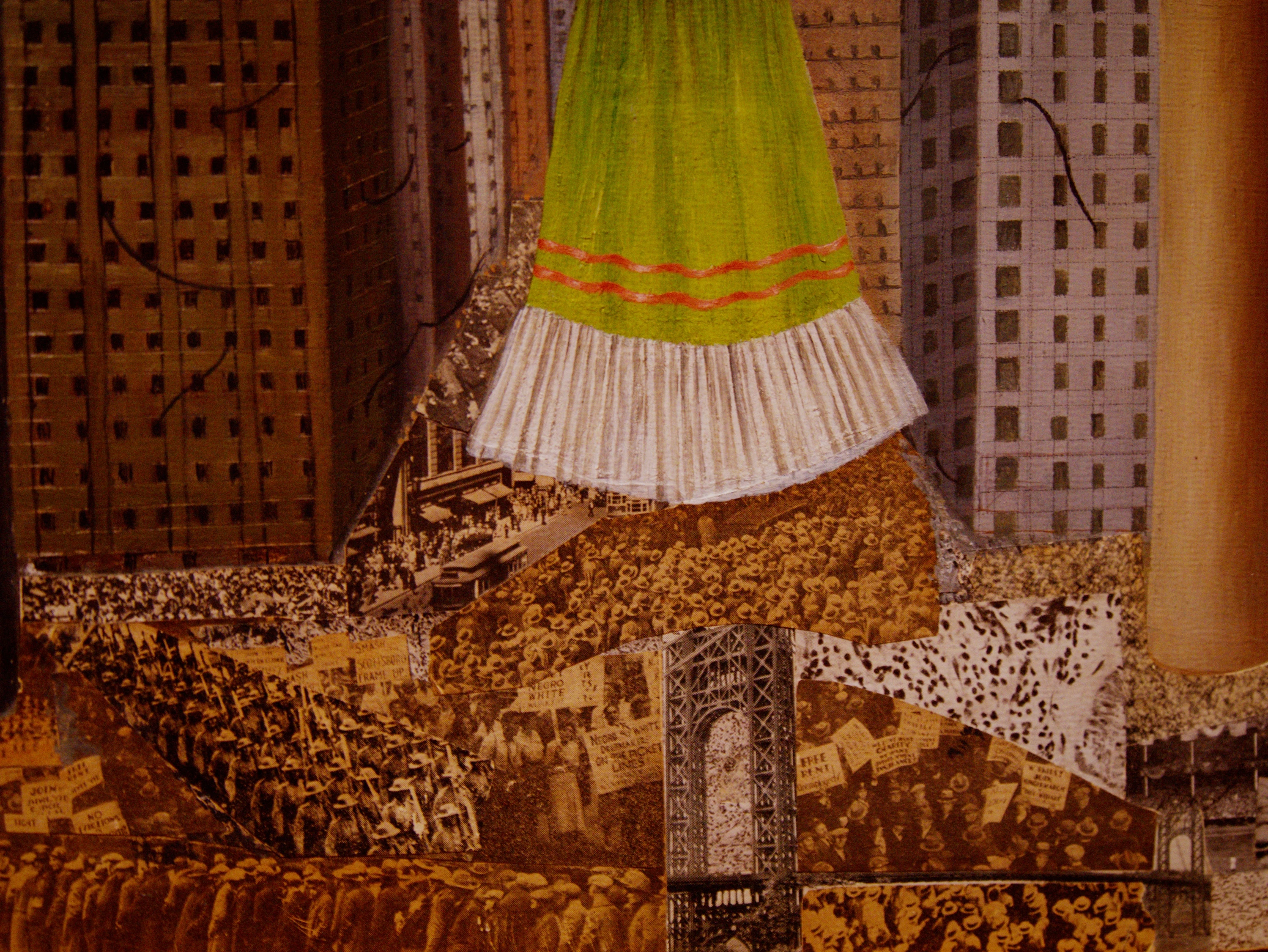 Close-up of Where My Dress Hangs showing newspaper collage of crowds
