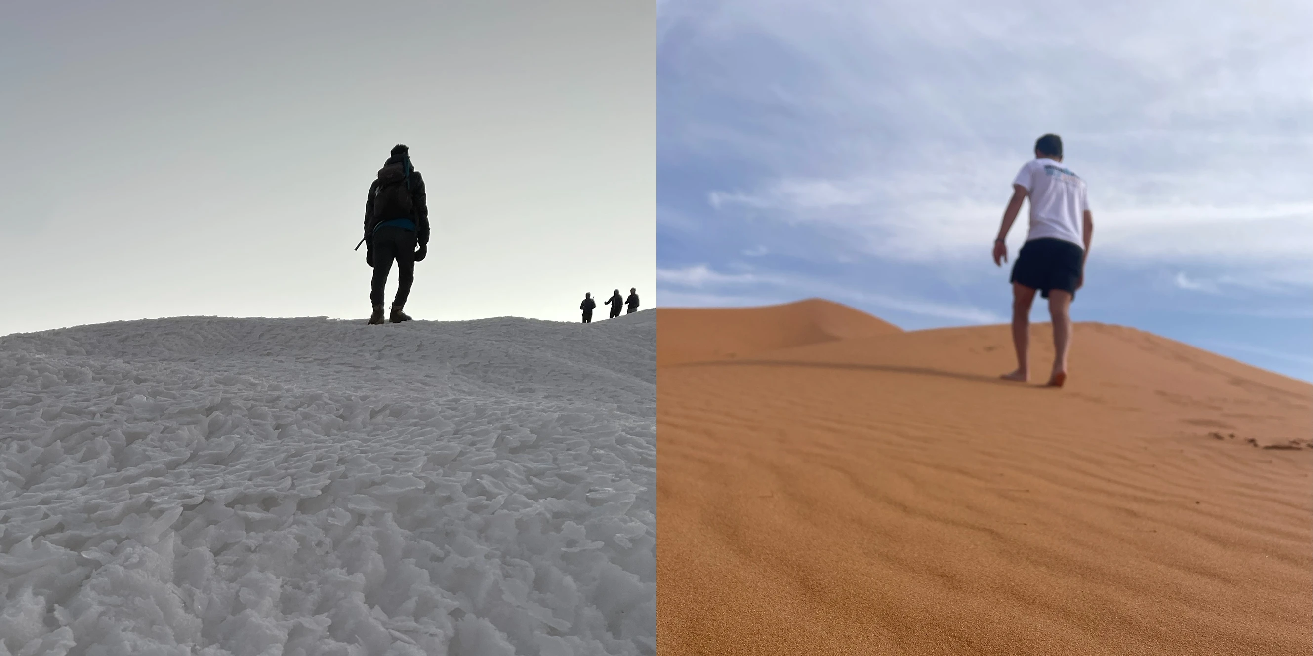 Two figures crossing landscapes of snow and desert